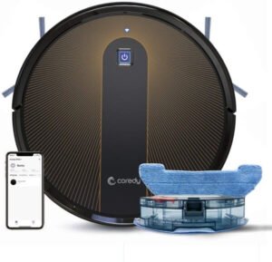 top view of coredy model r750 robot vacuum with bin, mop cloth and phone app